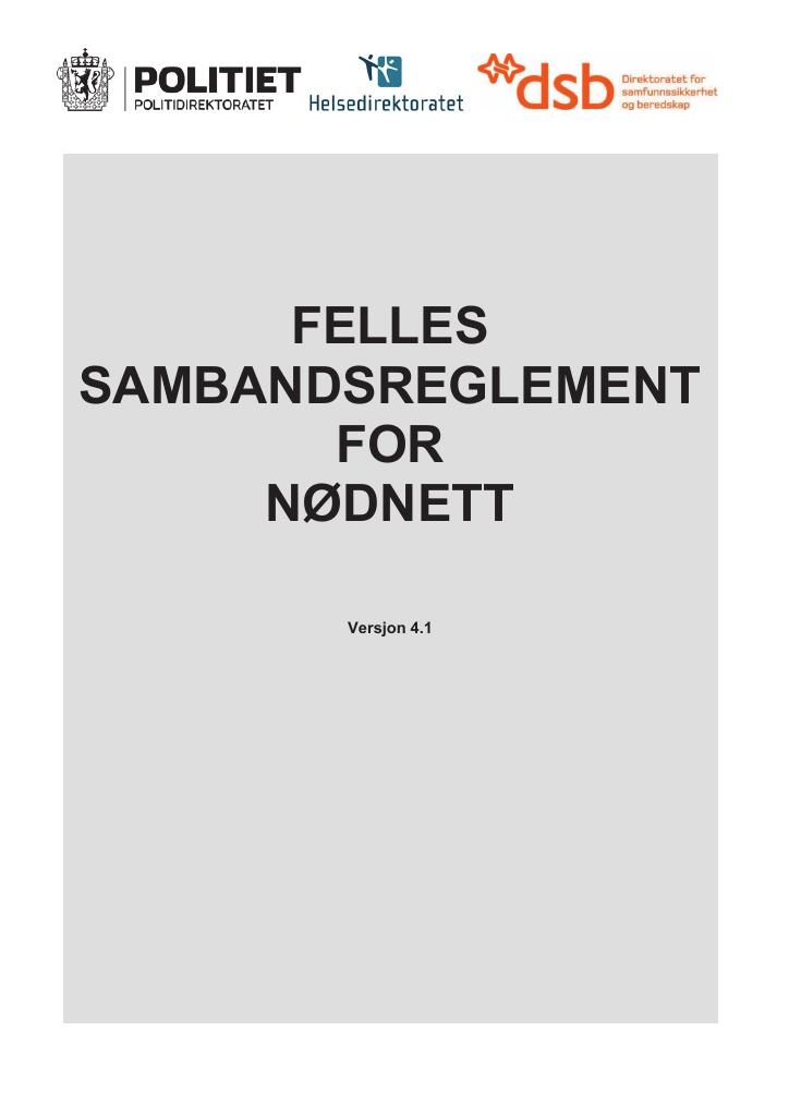 Forsiden av dokumentet FELLES SAMBANDSREGLEMENT FOR NØDNETT