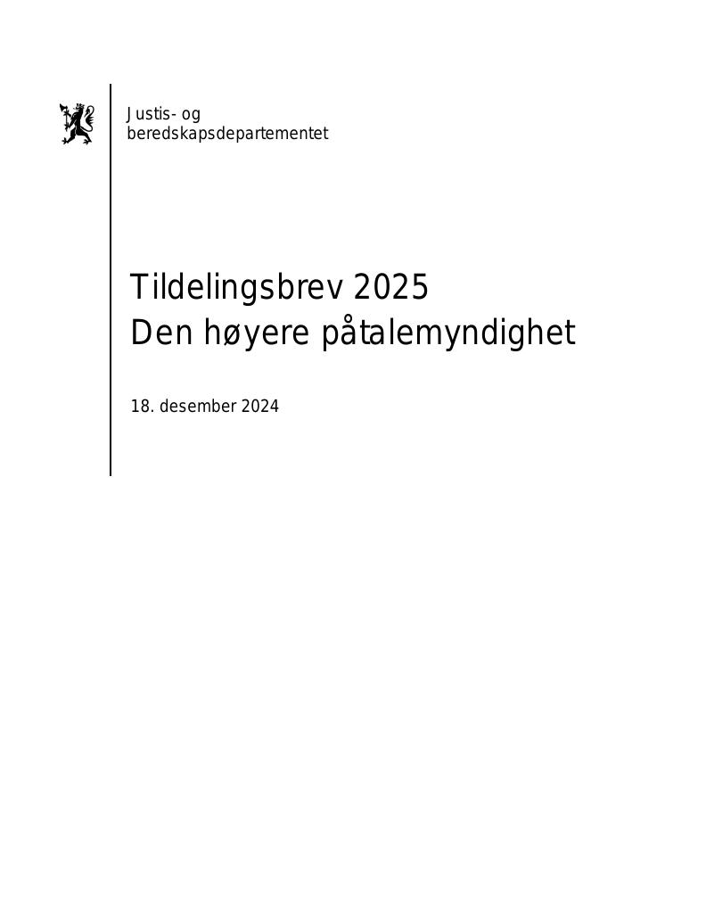 Forsiden av dokumentet Tildelingsbrev Riksadvokaten (Den høyere påtalemyndighet) 2025