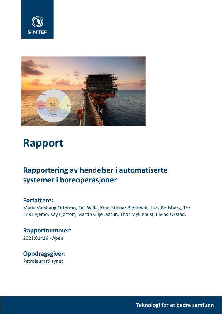 Forsiden av dokumentet Rapportering av hendelser i automatiserte systemer i boreoperasjoner