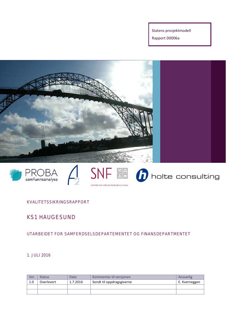 Forsiden av dokumentet Kvalitetssikringsrapport (KS1) for KVU Haugesund