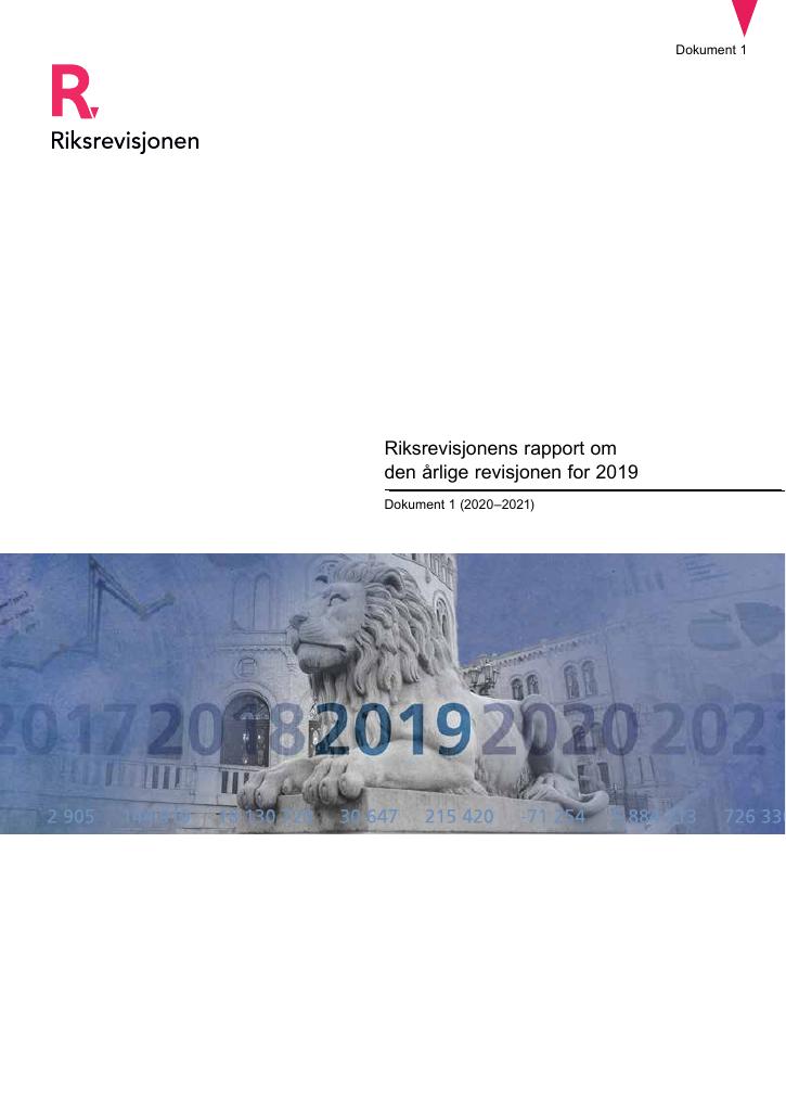 Forsiden av dokumentet Riksrevisjonens rapport om den årlige revisjonen for 2019
