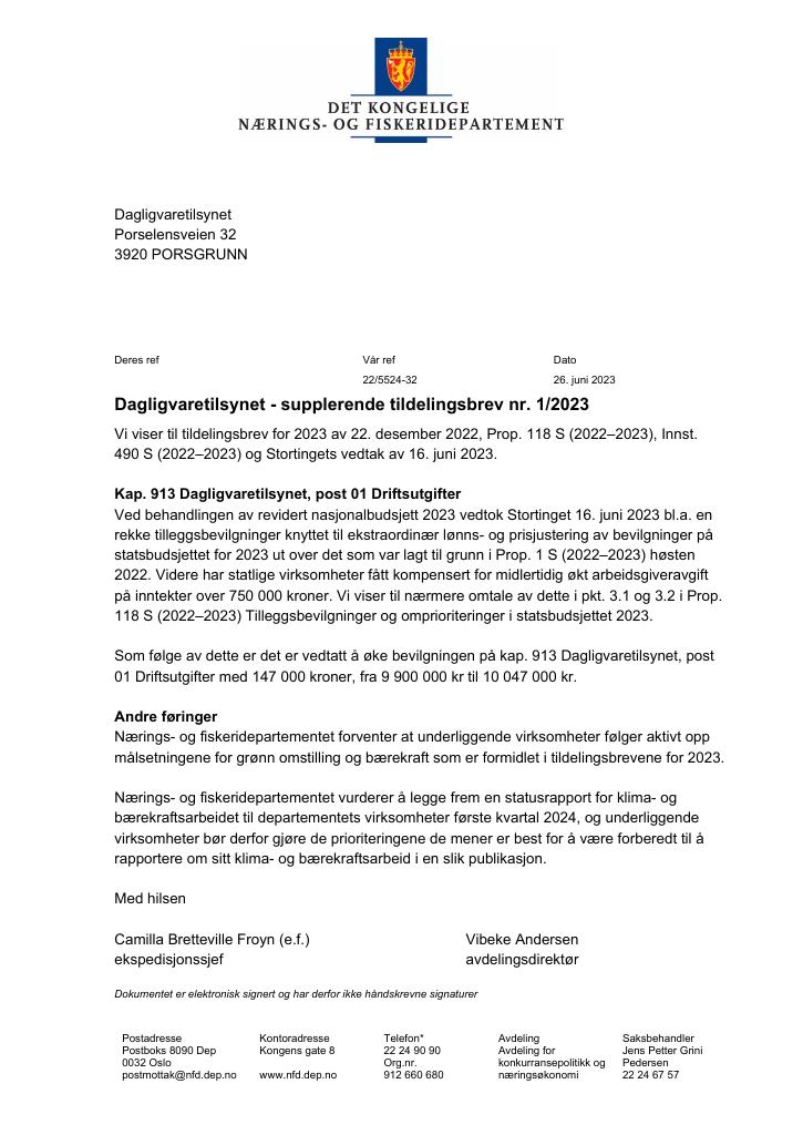 Forsiden av dokumentet Tildelingsbrev Dagligvaretilsynet 2023 - tillegg