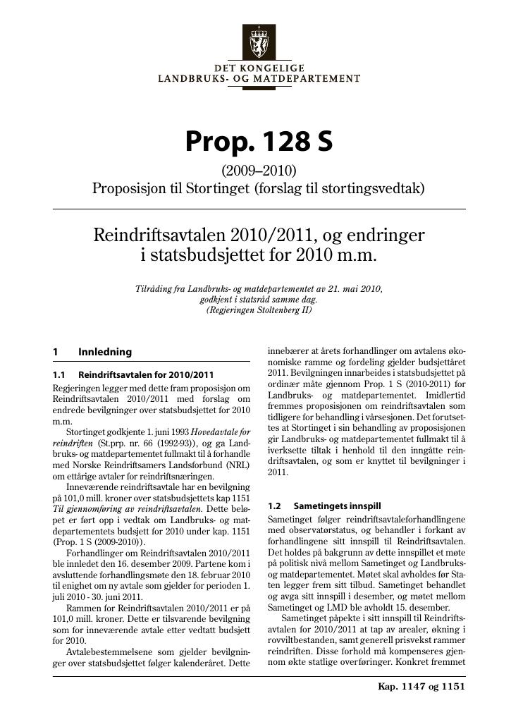 Forsiden av dokumentet Prop. 128 S (2009–2010)