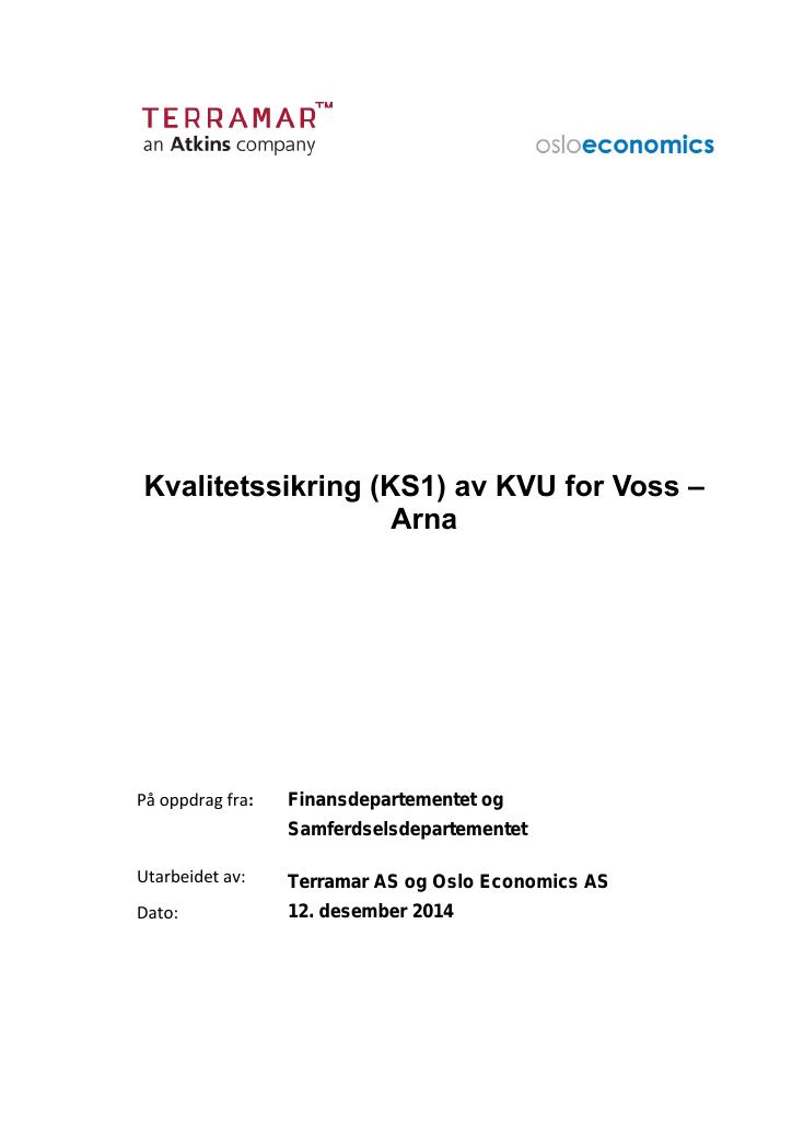 Forsiden av dokumentet Kvalitetssikring (KS1) av KVU for Voss – Arna