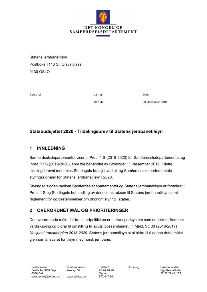 Forsiden av dokumentet Tildelingsbrev Statens jernbanetilsyn 2020