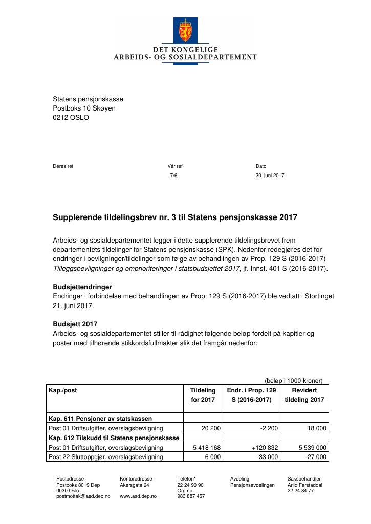 Forsiden av dokumentet Tildelingsbrev Statens pensjonskasse 2017 - tillegg nr. 3