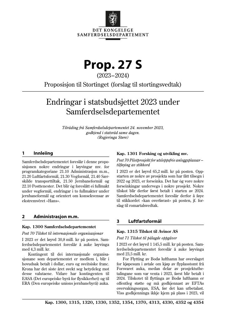 Forsiden av dokumentet Prop. 27 S (2023–2024)