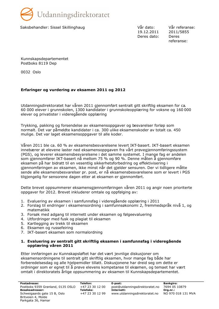 Forsiden av dokumentet Erfaringer og vurdering av eksamen 2011 og 2012