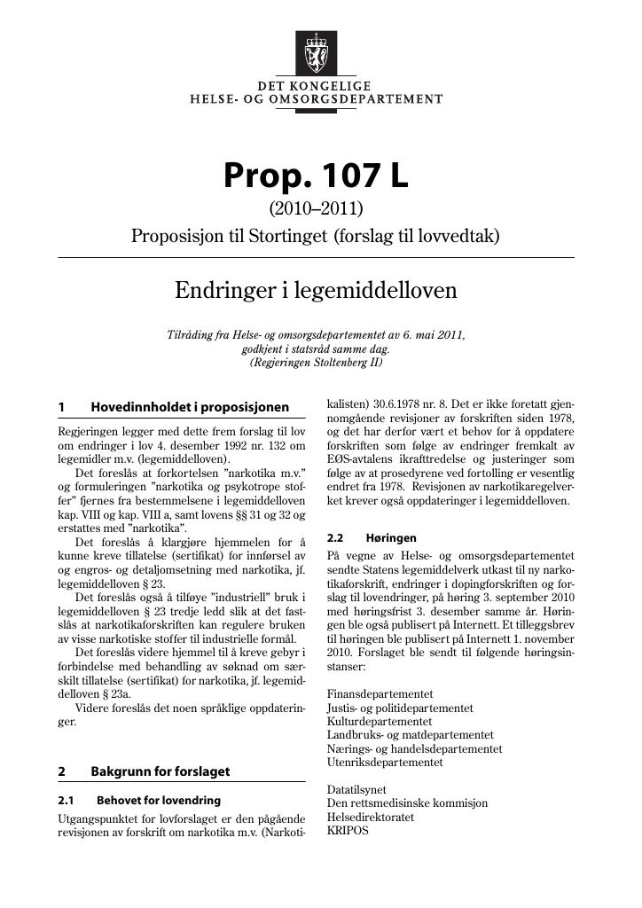 Forsiden av dokumentet Prop. 107 L (2010–2011)