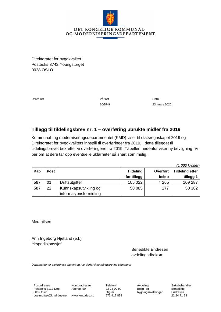 Forsiden av dokumentet Tildelingsbrev Direktoratet for byggkvalitet 2020 - tillegg nr. 1