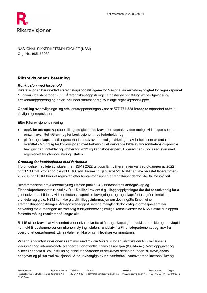 Forsiden av dokumentet Revisjonsberetning Nasjonal sikkerhetsmyndighet 2022
