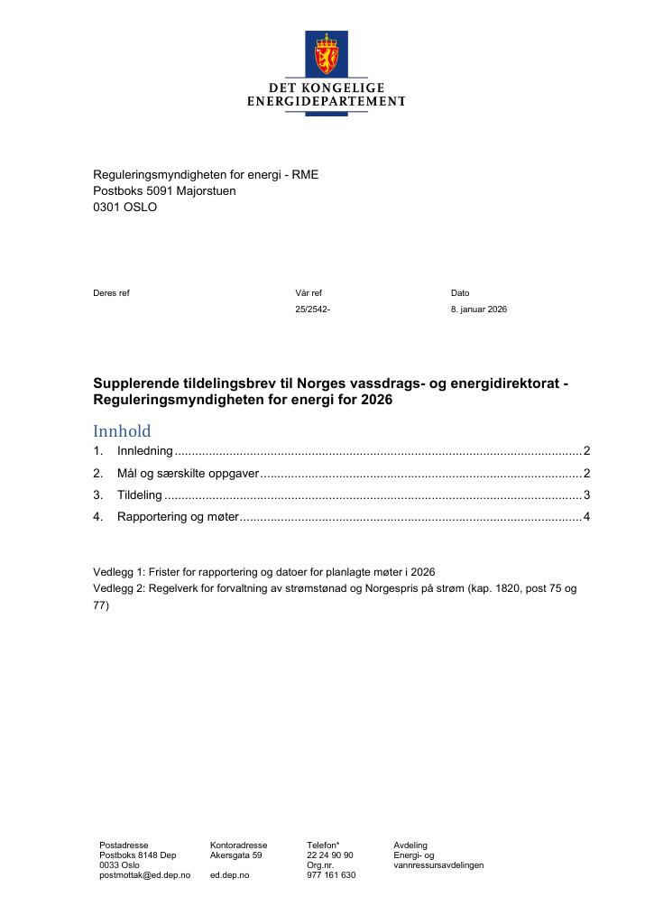 Forsiden av dokumentet Tildelingsbrev Reguleringsmyndigheten for energi (RME) 2026