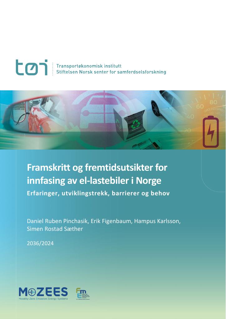 Forsiden av dokumentet Framskritt og fremtidsutsikter for innfasing av el-lastebiler i Norge : Erfaringer, utviklingstrekk, barrierer og behov