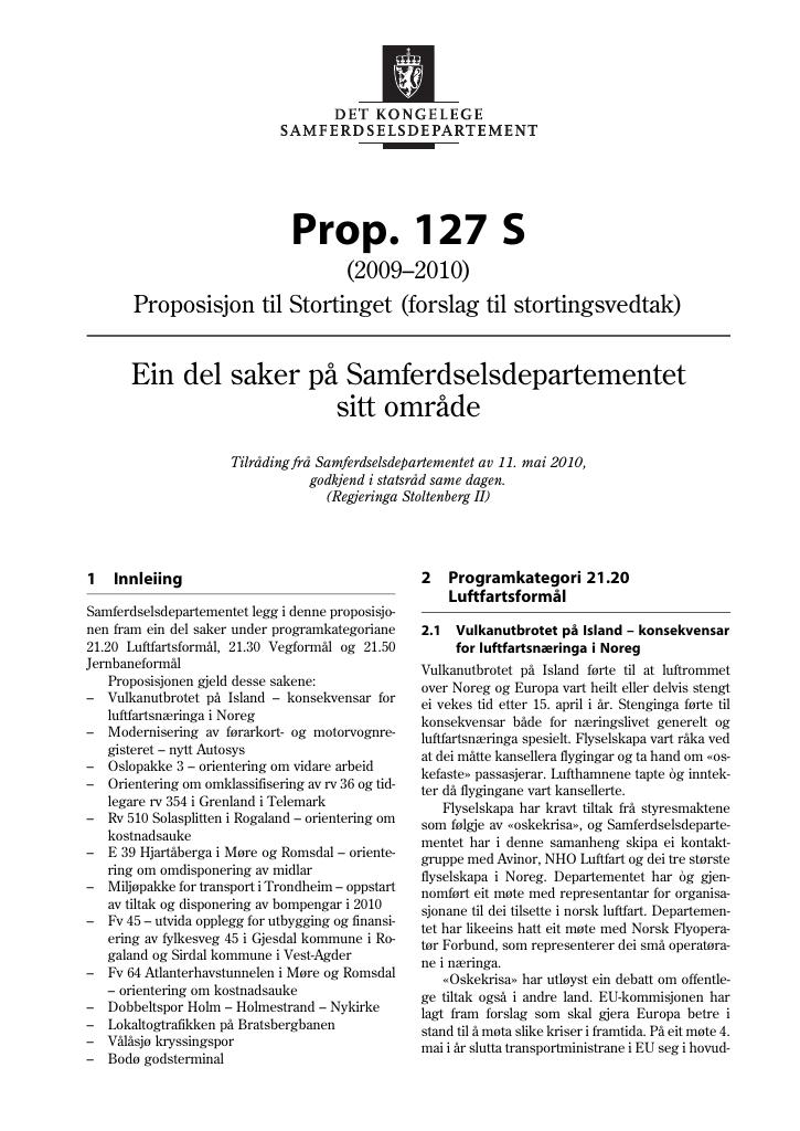 Forsiden av dokumentet Prop. 127 S (2009-2010)