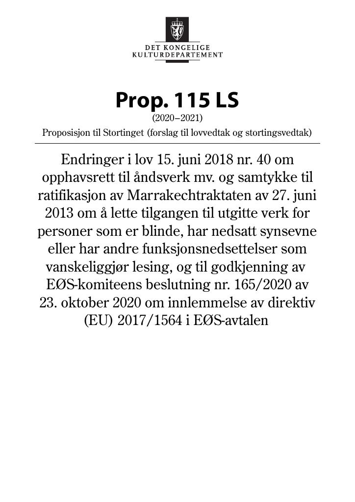 Forsiden av dokumentet Prop. 115 LS (2020–2021)