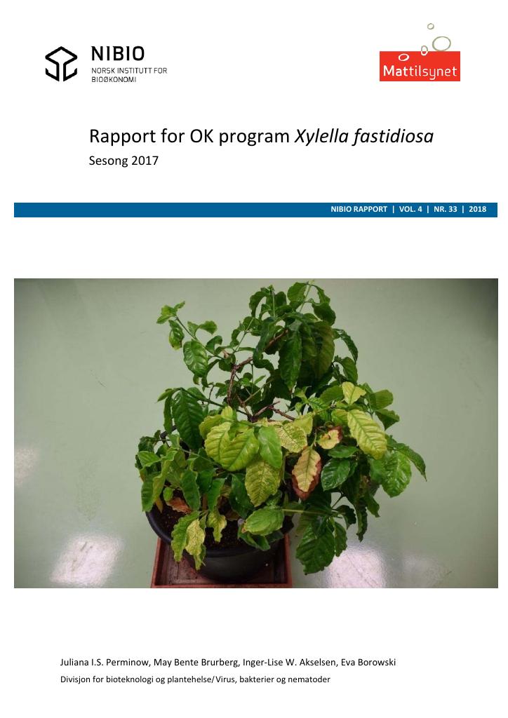 Forsiden av dokumentet Rapport for OK program Xylella fastidiosa. Sesong 2017.