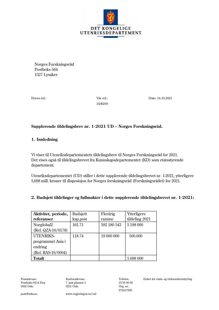 Forsiden av dokumentet Tildelingsbrev Norges forskningsråd 2021 - tillegg nr. 1