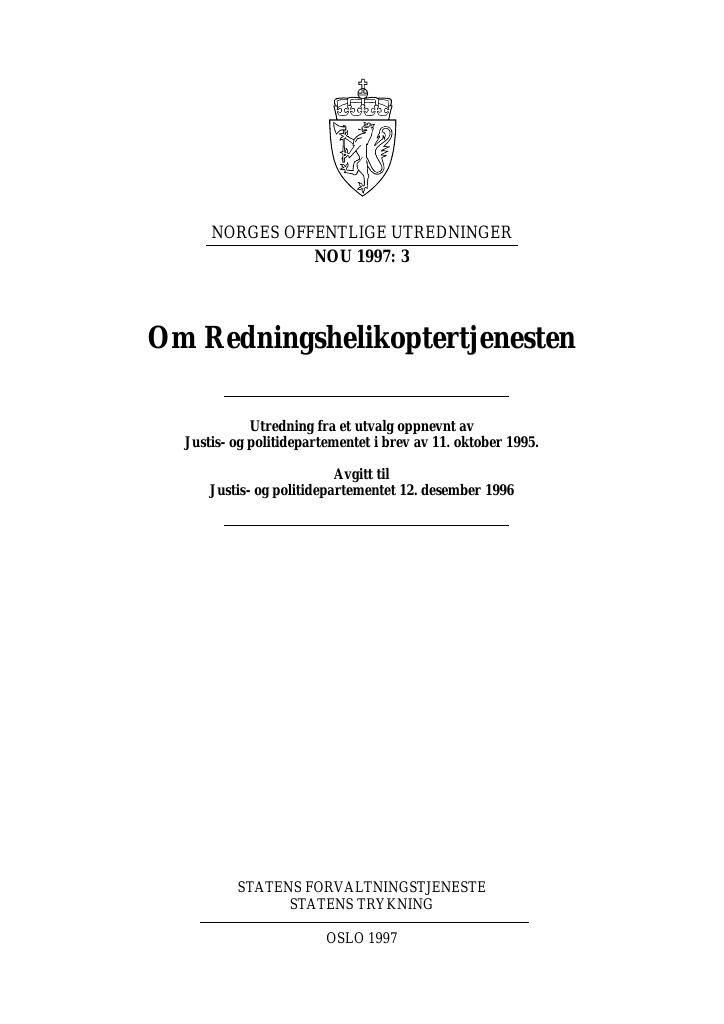 Forsiden av dokumentet NOU 1997: 3 - Om Redningshelikoptertjenesten