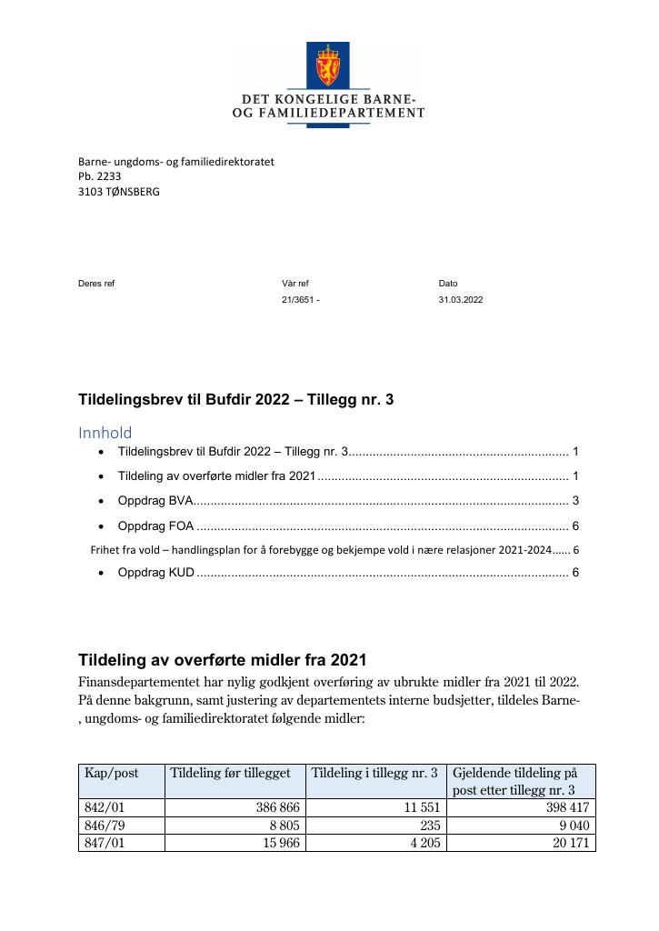 Forsiden av dokumentet Tildelingsbrev Bufdir 2022 - tillegg nr. 3