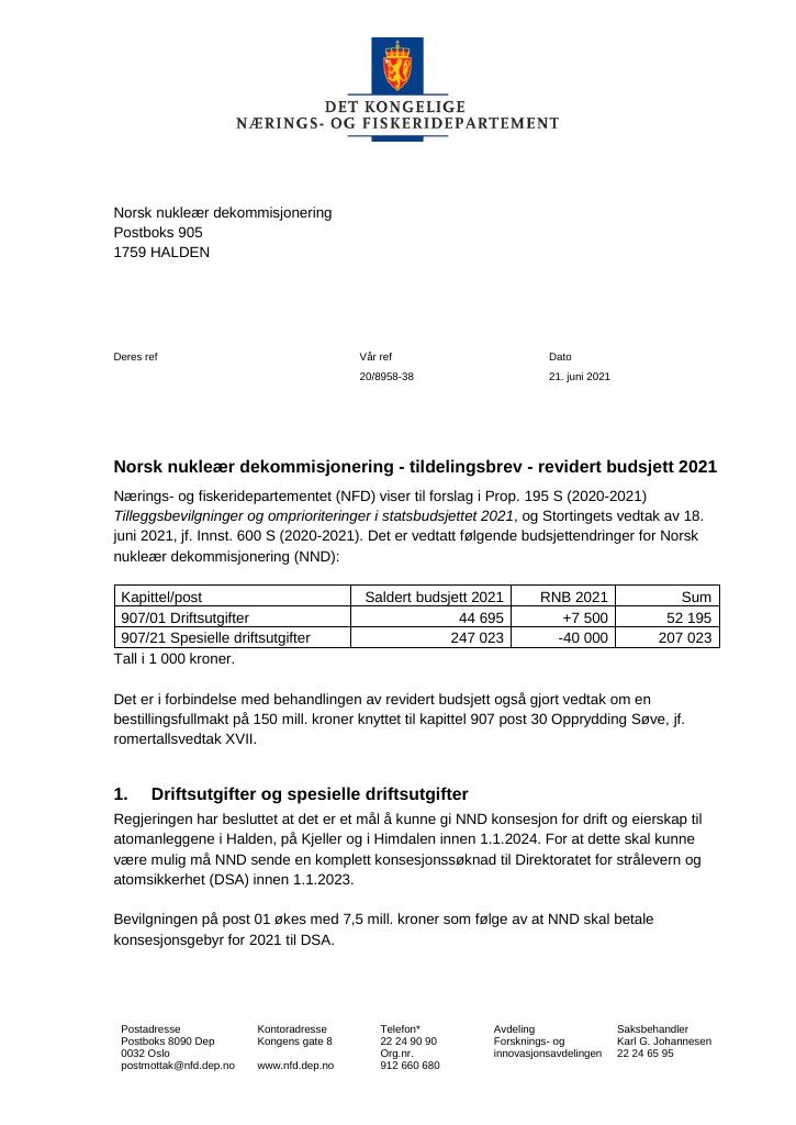 Forsiden av dokumentet Tildelingsbrev Norsk nukleær dekommisjonering 2021