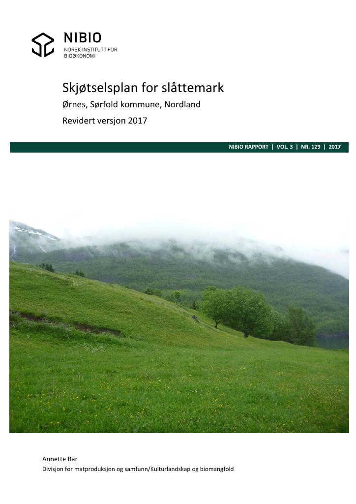 Forsiden av dokumentet Skjøtselsplan for slåttemark. Engan, Sørfold komune, Nordland. Revidert versjon 2017
