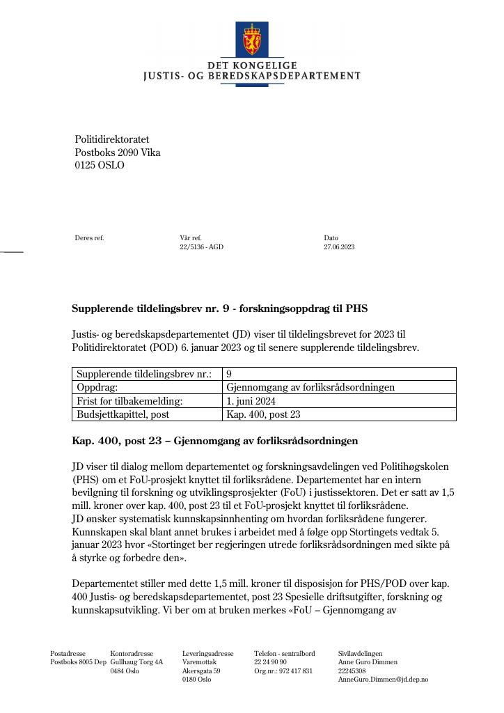 Forsiden av dokumentet Tildelingsbrev Politiet 2023 - tillegg nr. 9