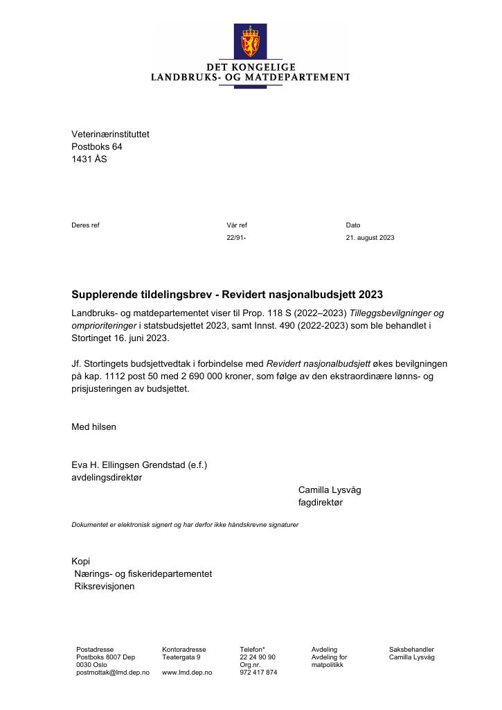 Forsiden av dokumentet Tildelingsbrev Veterinærinstituttet - VI 2023 - tillegg