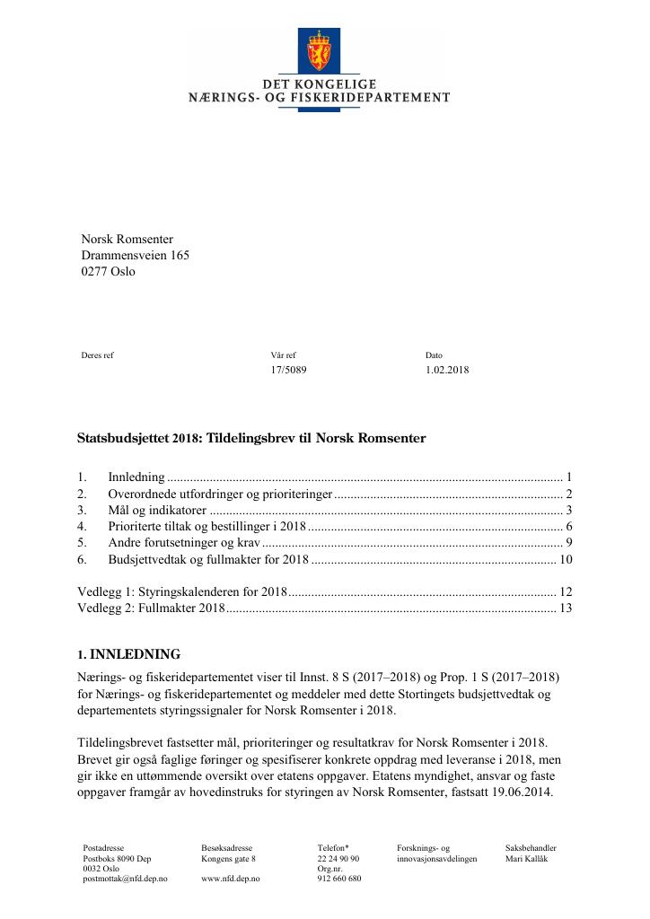 Forsiden av dokumentet Tildelingsbrev Norsk romsenter 2018