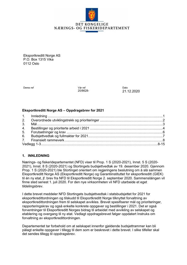Forsiden av dokumentet Oppdragsbrev Eksportkreditt Norge 2021