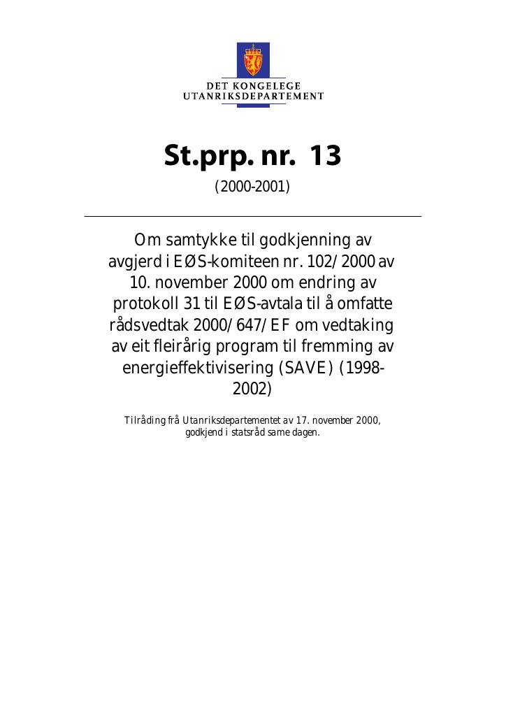 Forsiden av dokumentet St.prp. nr. 13 (2000-2001)