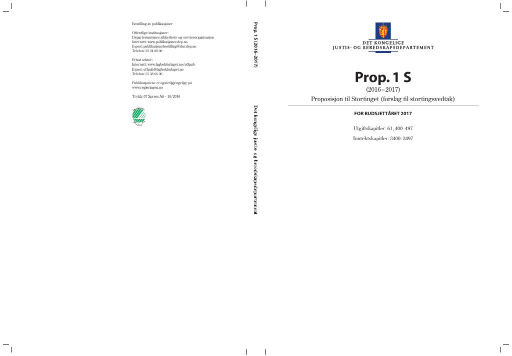 Forsiden av dokumentet Prop. 1 S (2016–2017)
