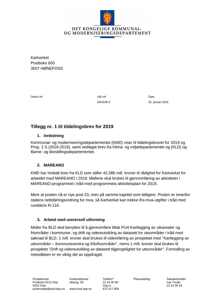 Forsiden av dokumentet Tildelingsbrev Kartverket 2019 - tillegg nr. 1