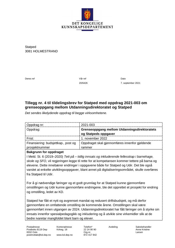 Forsiden av dokumentet Tildelingsbrev Statped 2021 - tillegg nr. 4